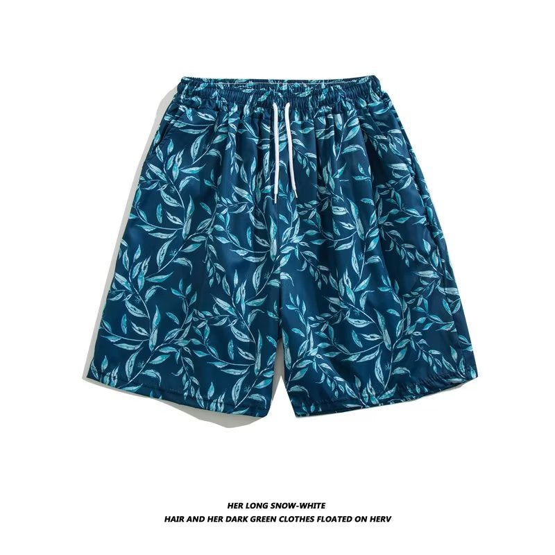 Trendy Hawaiian Beach Shorts for Men, Summer Casual Retro Printed Loose Shorts, Water-Resistant Thin Ice Silk Knee-Length Shorts