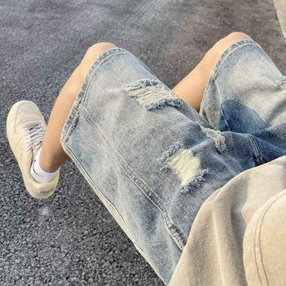 Five-point Denim Shorts Men's Korean-style Hole Loose Summer Thin Five-point Casual Pants Retro plus size Trendy Men's Pants
