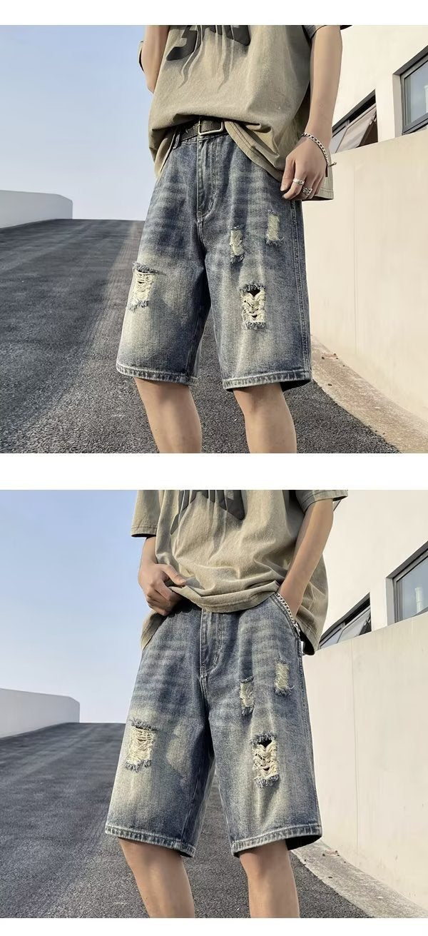 Five-point Denim Shorts Men's Korean-style Hole Loose Summer Thin Five-point Casual Pants Retro plus size Trendy Men's Pants