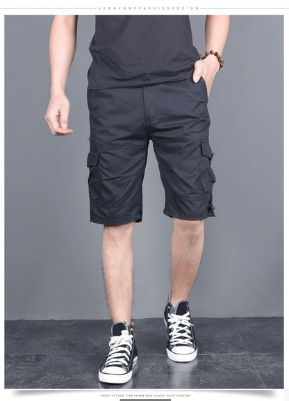 Summer Men's Multi-Pocket Workwear Shorts Small Zipper Shorts Loose Casual Pants Mid-Pants Large Pants with Loose Waist
