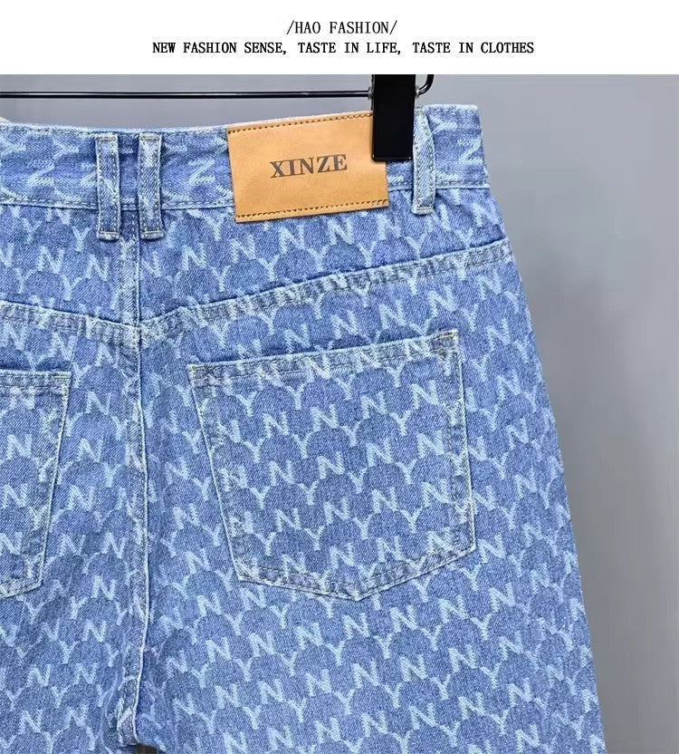 Men's Denim Shorts 2025 New Summer Thin Slim Fit American Style Five-Point Shorts Trendy Printed Pants
