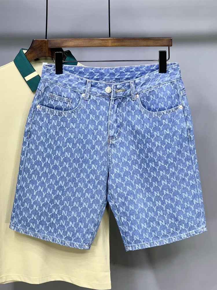 Men's Denim Shorts 2025 New Summer Thin Slim Fit American Style Five-Point Shorts Trendy Printed Pants