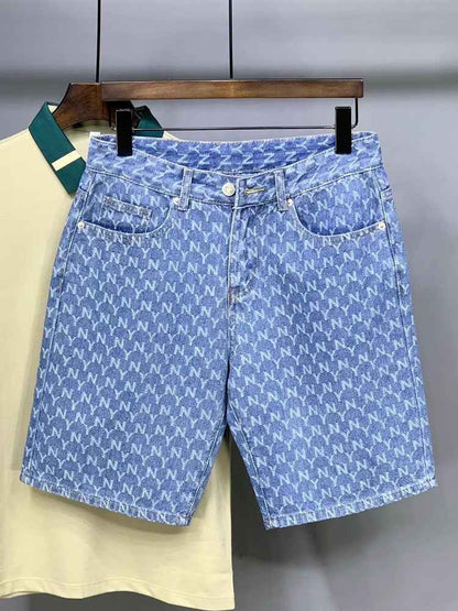 Men's Denim Shorts 2025 New Summer Thin Slim Fit American Style Five-Point Shorts Trendy Printed Pants