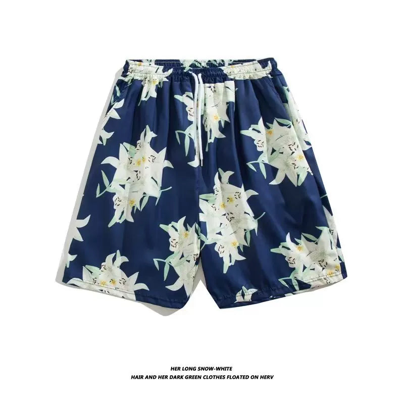 Trendy Hawaiian Beach Shorts for Men, Summer Casual Retro Printed Loose Shorts, Water-Resistant Thin Ice Silk Knee-Length Shorts