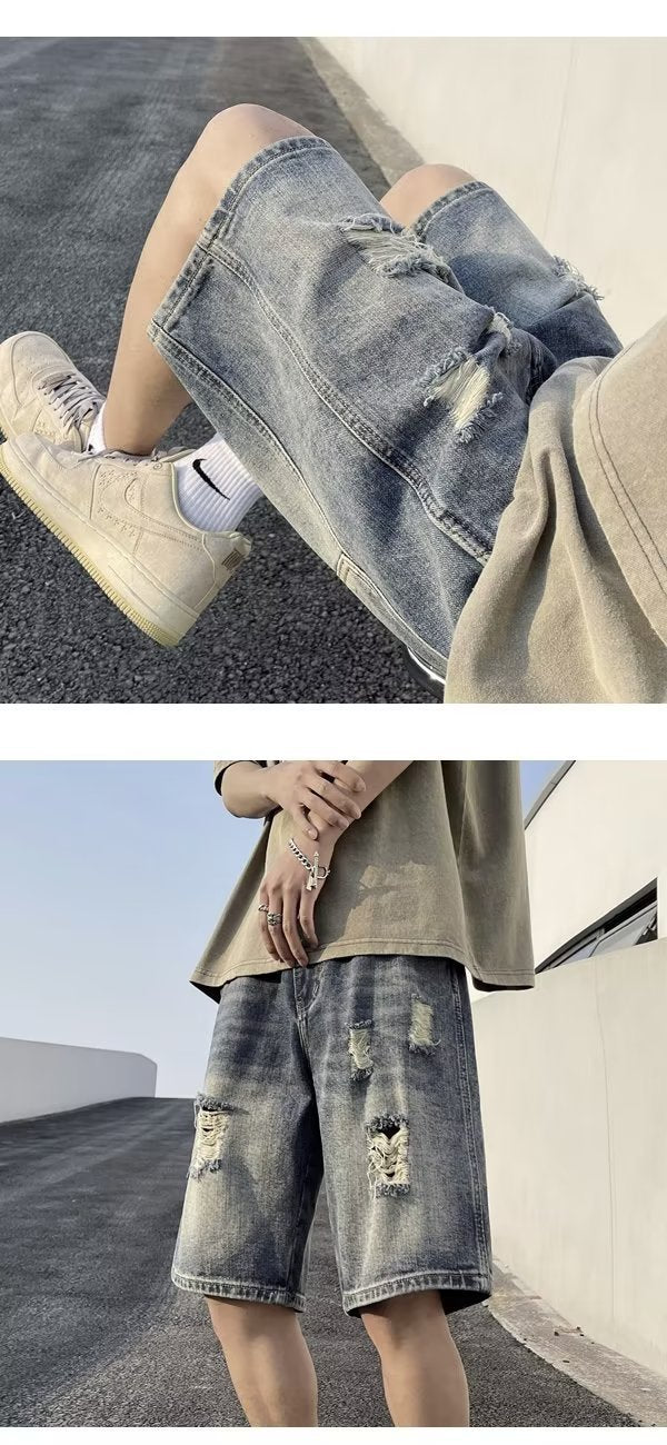 Five-point Denim Shorts Men's Korean-style Hole Loose Summer Thin Five-point Casual Pants Retro plus size Trendy Men's Pants