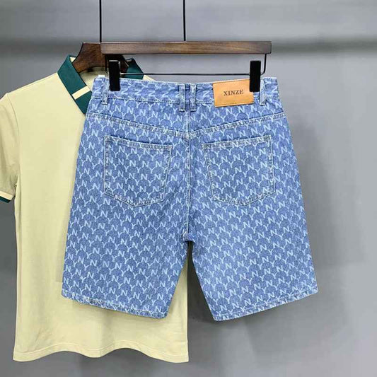 Men's Denim Shorts 2025 New Summer Thin Slim Fit American Style Five-Point Shorts Trendy Printed Pants