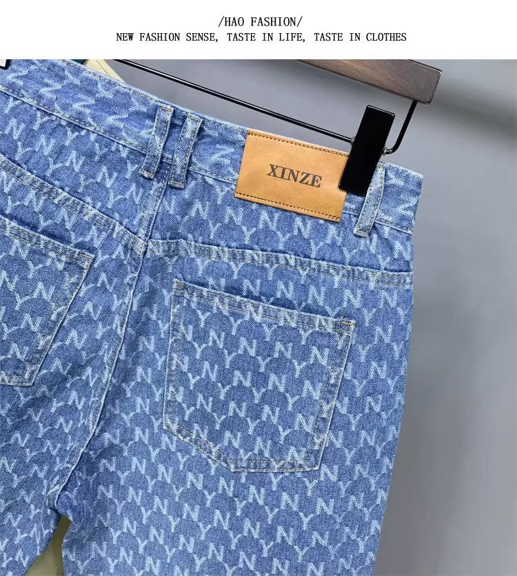 Men's Denim Shorts 2025 New Summer Thin Slim Fit American Style Five-Point Shorts Trendy Printed Pants