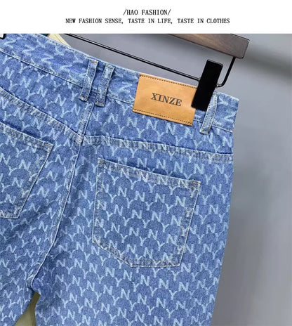 Men's Denim Shorts 2025 New Summer Thin Slim Fit American Style Five-Point Shorts Trendy Printed Pants