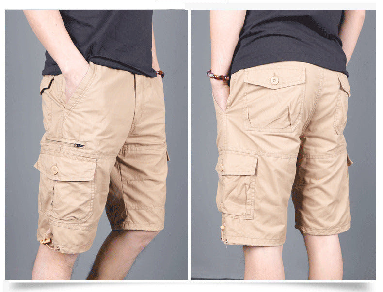 Summer Men's Multi-Pocket Workwear Shorts Small Zipper Shorts Loose Casual Pants Mid-Pants Large Pants with Loose Waist