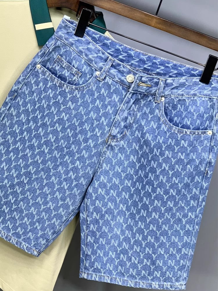 Men's Denim Shorts 2025 New Summer Thin Slim Fit American Style Five-Point Shorts Trendy Printed Pants