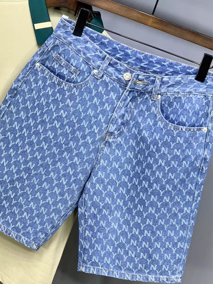 Men's Denim Shorts 2025 New Summer Thin Slim Fit American Style Five-Point Shorts Trendy Printed Pants