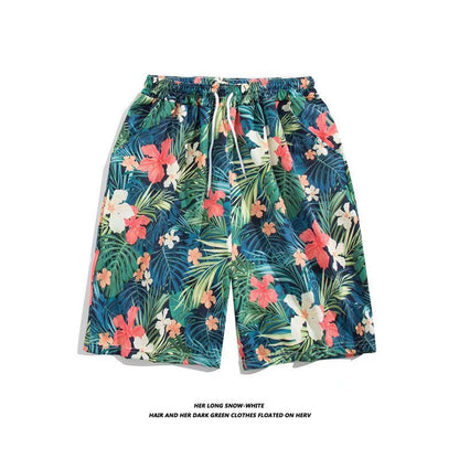 Trendy Hawaiian Beach Shorts for Men, Summer Casual Retro Printed Loose Shorts, Water-Resistant Thin Ice Silk Knee-Length Shorts
