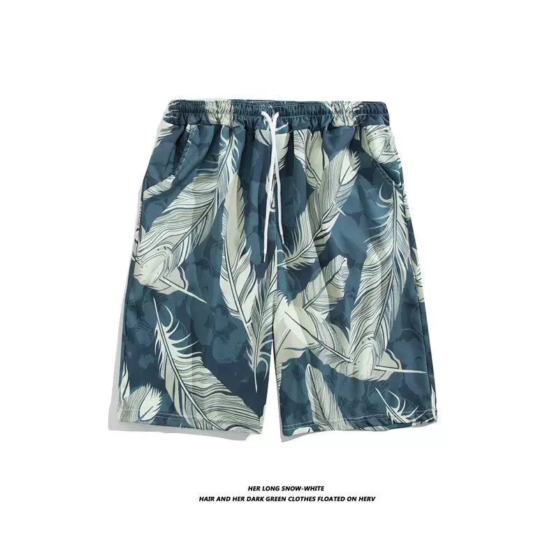 Trendy Hawaiian Beach Shorts for Men, Summer Casual Retro Printed Loose Shorts, Water-Resistant Thin Ice Silk Knee-Length Shorts