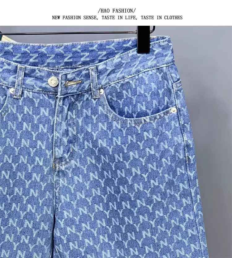 Men's Denim Shorts 2025 New Summer Thin Slim Fit American Style Five-Point Shorts Trendy Printed Pants