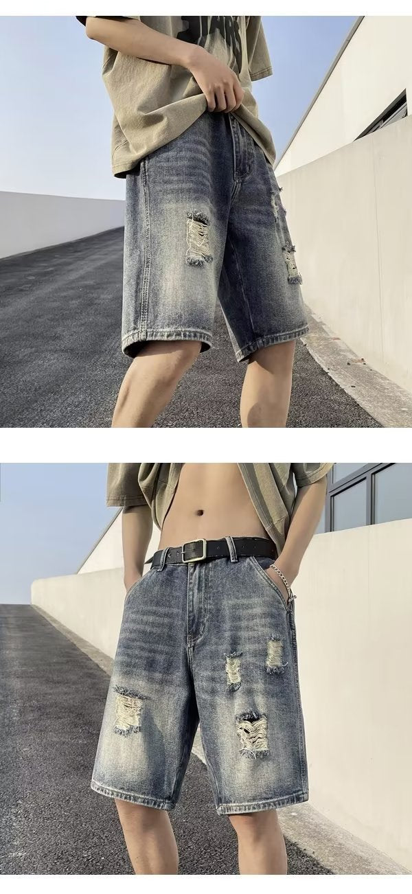 Five-point Denim Shorts Men's Korean-style Hole Loose Summer Thin Five-point Casual Pants Retro plus size Trendy Men's Pants