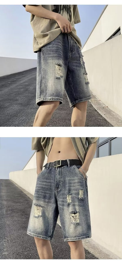 Five-point Denim Shorts Men's Korean-style Hole Loose Summer Thin Five-point Casual Pants Retro plus size Trendy Men's Pants