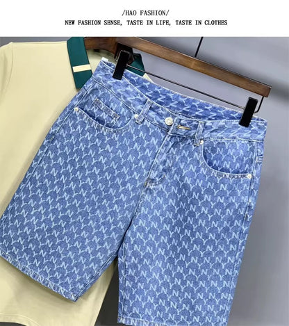 Men's Denim Shorts 2025 New Summer Thin Slim Fit American Style Five-Point Shorts Trendy Printed Pants