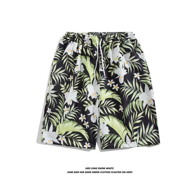 Trendy Hawaiian Beach Shorts for Men, Summer Casual Retro Printed Loose Shorts, Water-Resistant Thin Ice Silk Knee-Length Shorts