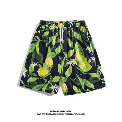 Trendy Hawaiian Beach Shorts for Men, Summer Casual Retro Printed Loose Shorts, Water-Resistant Thin Ice Silk Knee-Length Shorts