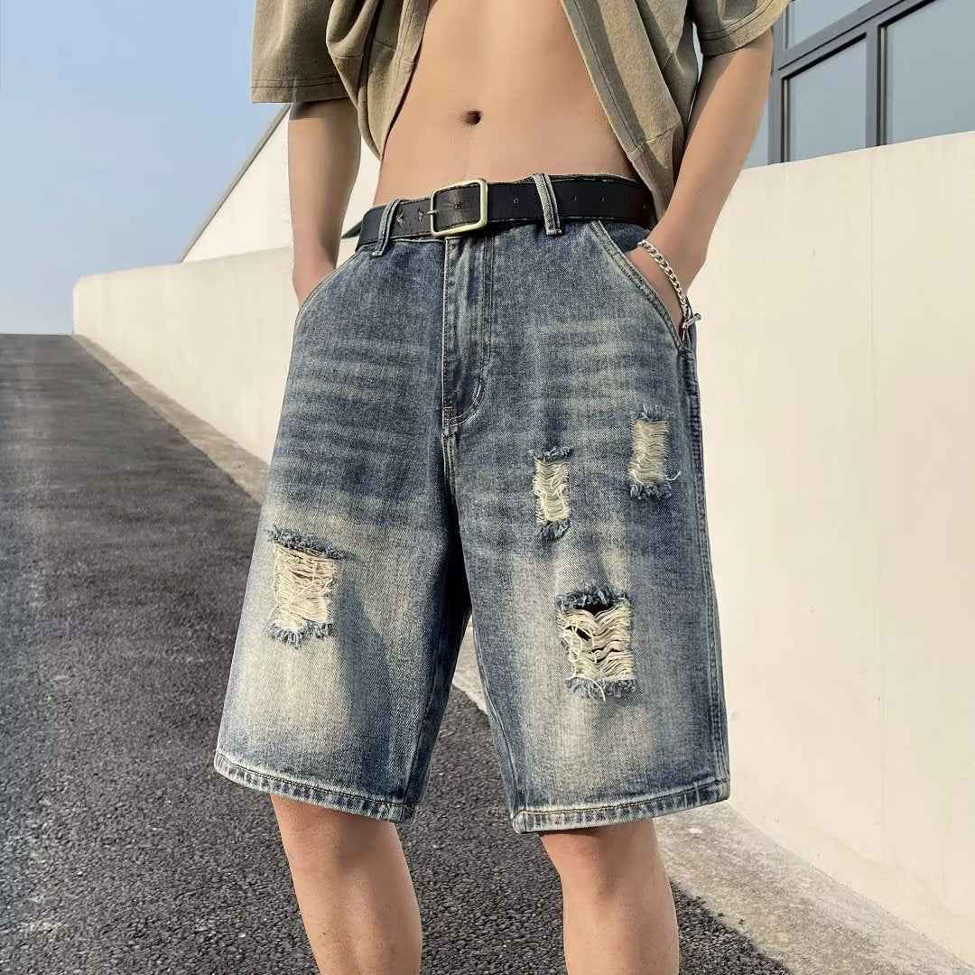 Five-point Denim Shorts Men's Korean-style Hole Loose Summer Thin Five-point Casual Pants Retro plus size Trendy Men's Pants