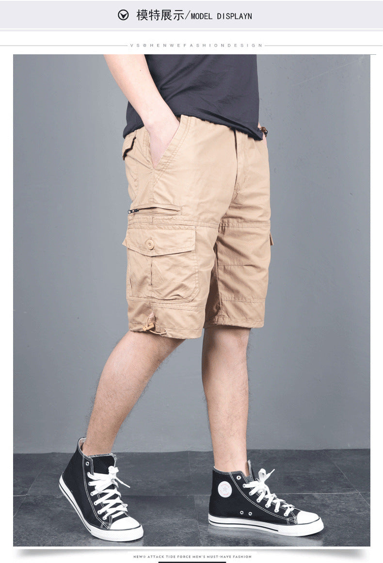 Summer Men's Multi-Pocket Workwear Shorts Small Zipper Shorts Loose Casual Pants Mid-Pants Large Pants with Loose Waist
