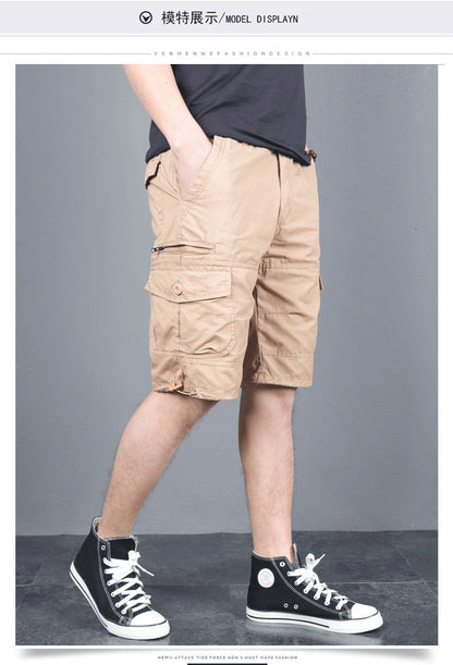 Summer Men's Multi-Pocket Workwear Shorts Small Zipper Shorts Loose Casual Pants Mid-Pants Large Pants with Loose Waist