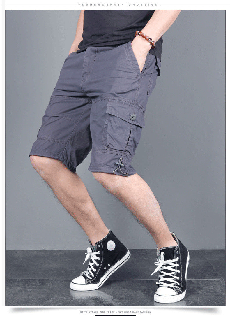 Summer Men's Multi-Pocket Workwear Shorts Small Zipper Shorts Loose Casual Pants Mid-Pants Large Pants with Loose Waist