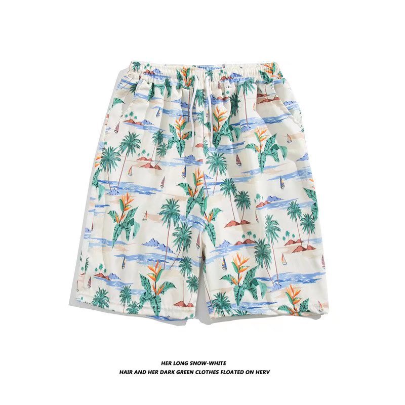 Trendy Hawaiian Beach Shorts for Men, Summer Casual Retro Printed Loose Shorts, Water-Resistant Thin Ice Silk Knee-Length Shorts