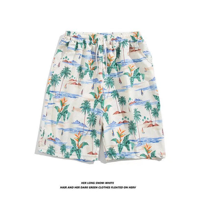 Trendy Hawaiian Beach Shorts for Men, Summer Casual Retro Printed Loose Shorts, Water-Resistant Thin Ice Silk Knee-Length Shorts