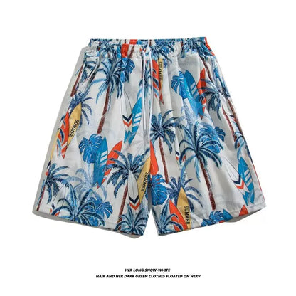 Trendy Hawaiian Beach Shorts for Men, Summer Casual Retro Printed Loose Shorts, Water-Resistant Thin Ice Silk Knee-Length Shorts