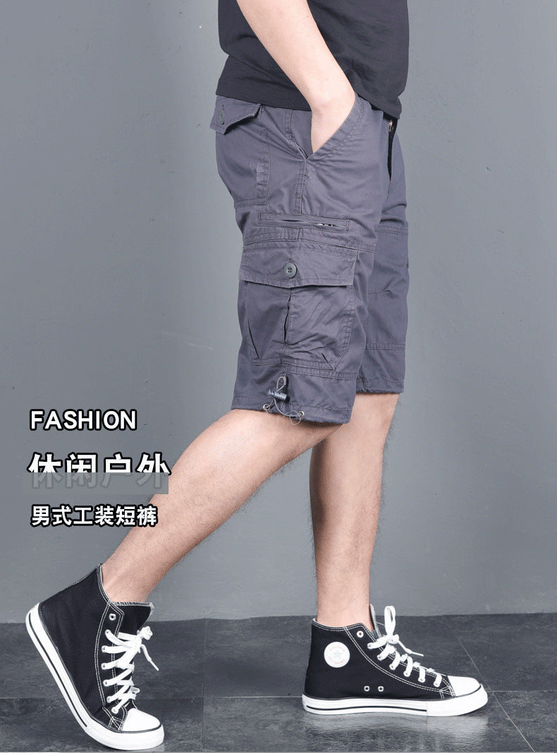 Summer Men's Multi-Pocket Workwear Shorts Small Zipper Shorts Loose Casual Pants Mid-Pants Large Pants with Loose Waist
