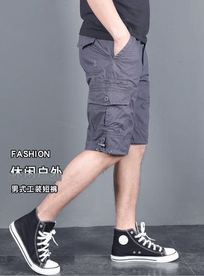 Summer Men's Multi-Pocket Workwear Shorts Small Zipper Shorts Loose Casual Pants Mid-Pants Large Pants with Loose Waist