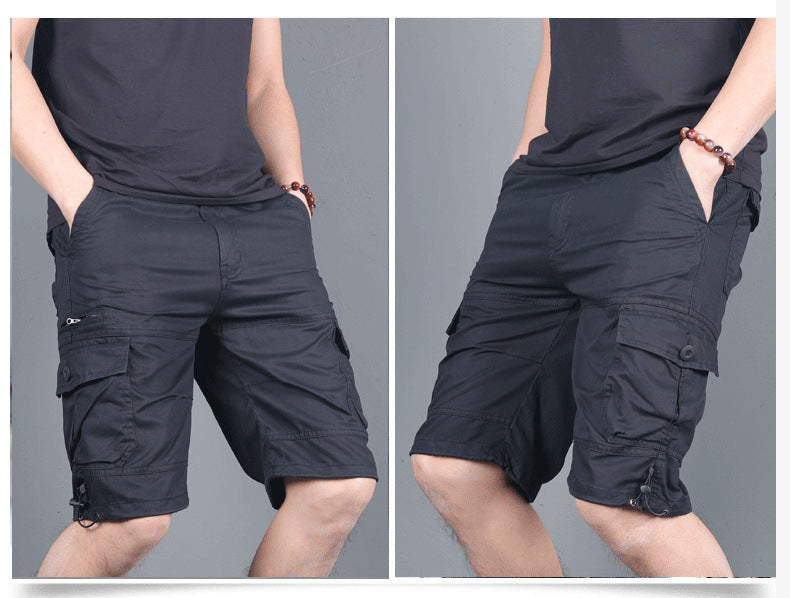 Summer Men's Multi-Pocket Workwear Shorts Small Zipper Shorts Loose Casual Pants Mid-Pants Large Pants with Loose Waist