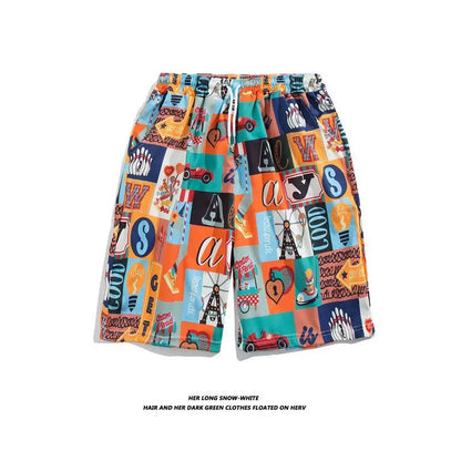 Trendy Hawaiian Beach Shorts for Men, Summer Casual Retro Printed Loose Shorts, Water-Resistant Thin Ice Silk Knee-Length Shorts