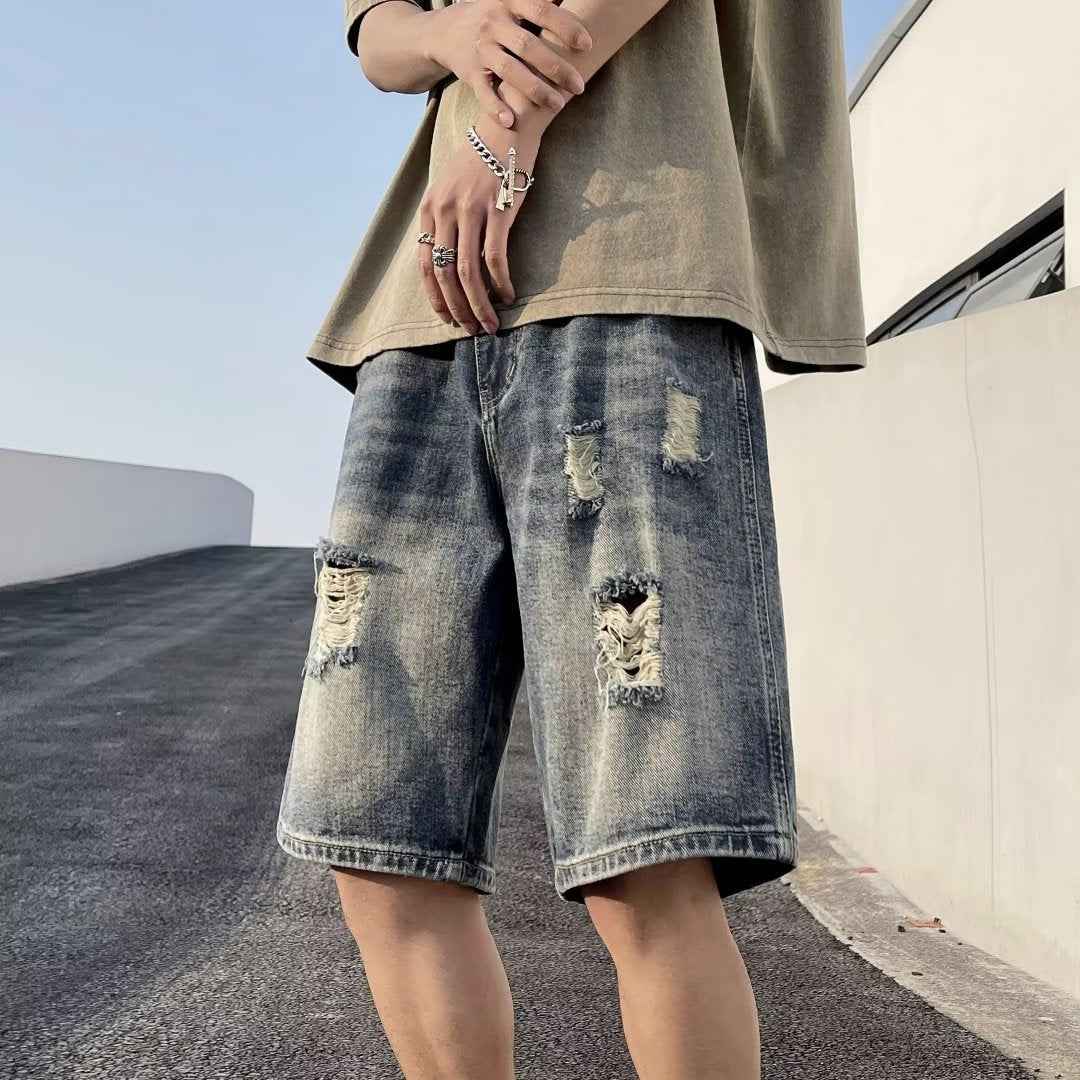 Five-point Denim Shorts Men's Korean-style Hole Loose Summer Thin Five-point Casual Pants Retro plus size Trendy Men's Pants
