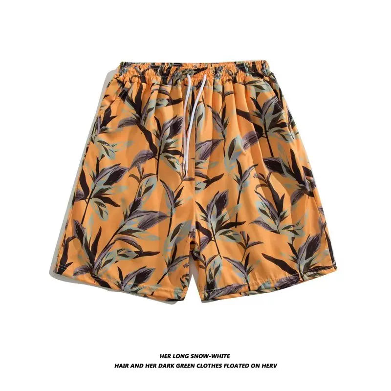 Trendy Hawaiian Beach Shorts for Men, Summer Casual Retro Printed Loose Shorts, Water-Resistant Thin Ice Silk Knee-Length Shorts