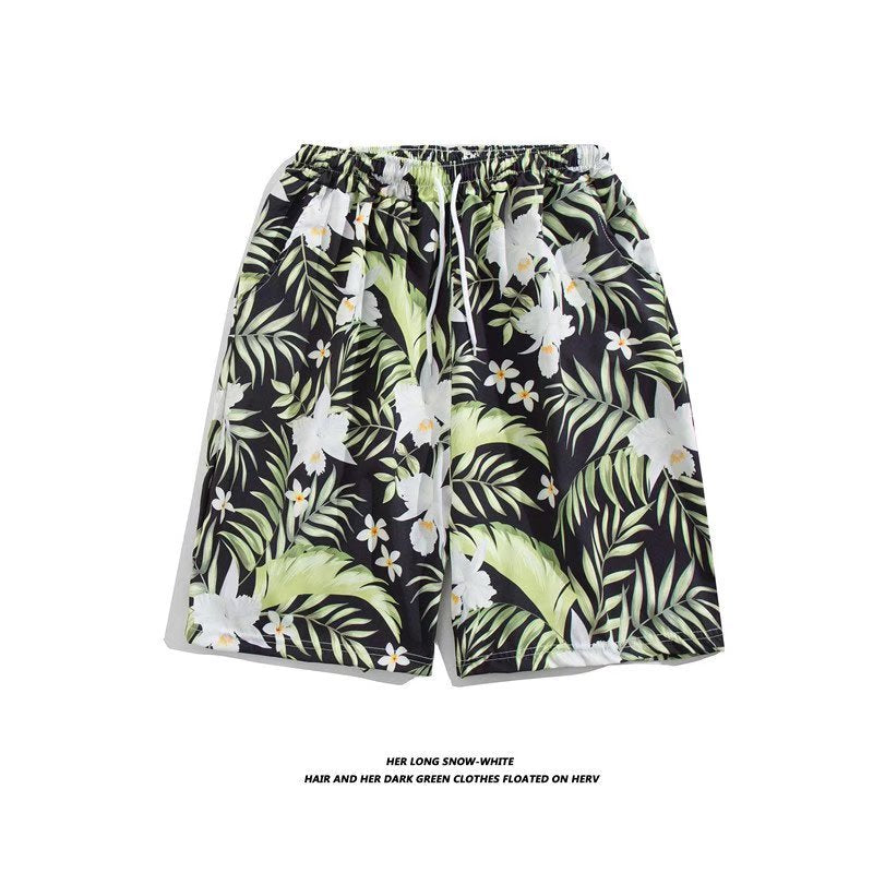 Trendy Hawaiian Beach Shorts for Men, Summer Casual Retro Printed Loose Shorts, Water-Resistant Thin Ice Silk Knee-Length Shorts