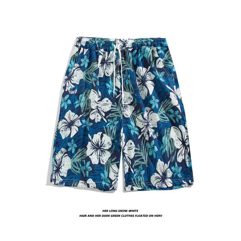 Trendy Hawaiian Beach Shorts for Men, Summer Casual Retro Printed Loose Shorts, Water-Resistant Thin Ice Silk Knee-Length Shorts