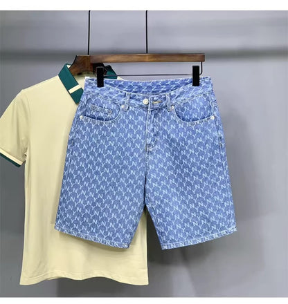 Men's Denim Shorts 2025 New Summer Thin Slim Fit American Style Five-Point Shorts Trendy Printed Pants