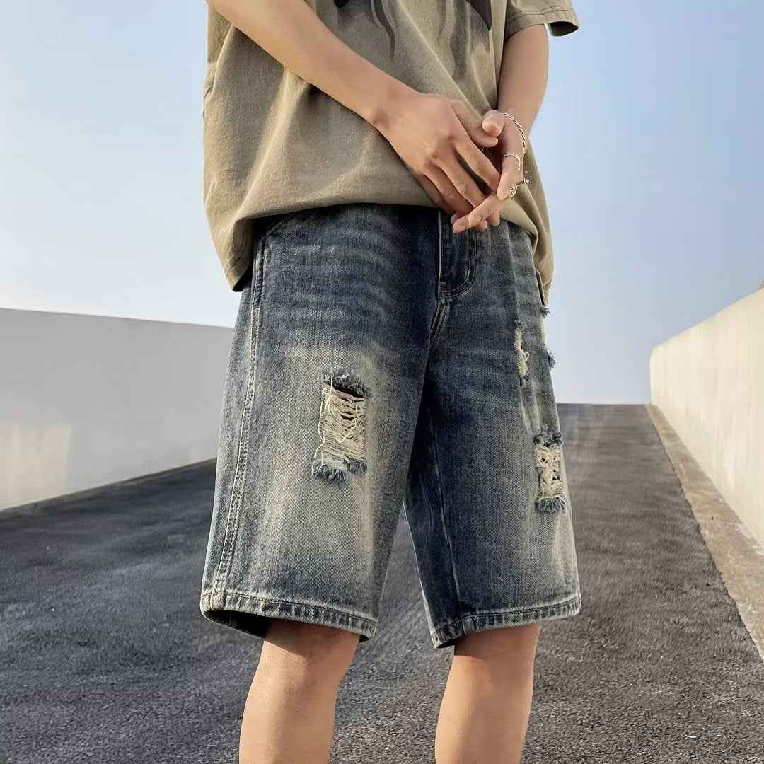 Five-point Denim Shorts Men's Korean-style Hole Loose Summer Thin Five-point Casual Pants Retro plus size Trendy Men's Pants