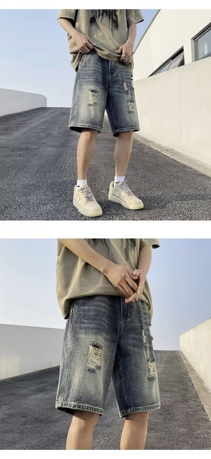 Five-point Denim Shorts Men's Korean-style Hole Loose Summer Thin Five-point Casual Pants Retro plus size Trendy Men's Pants