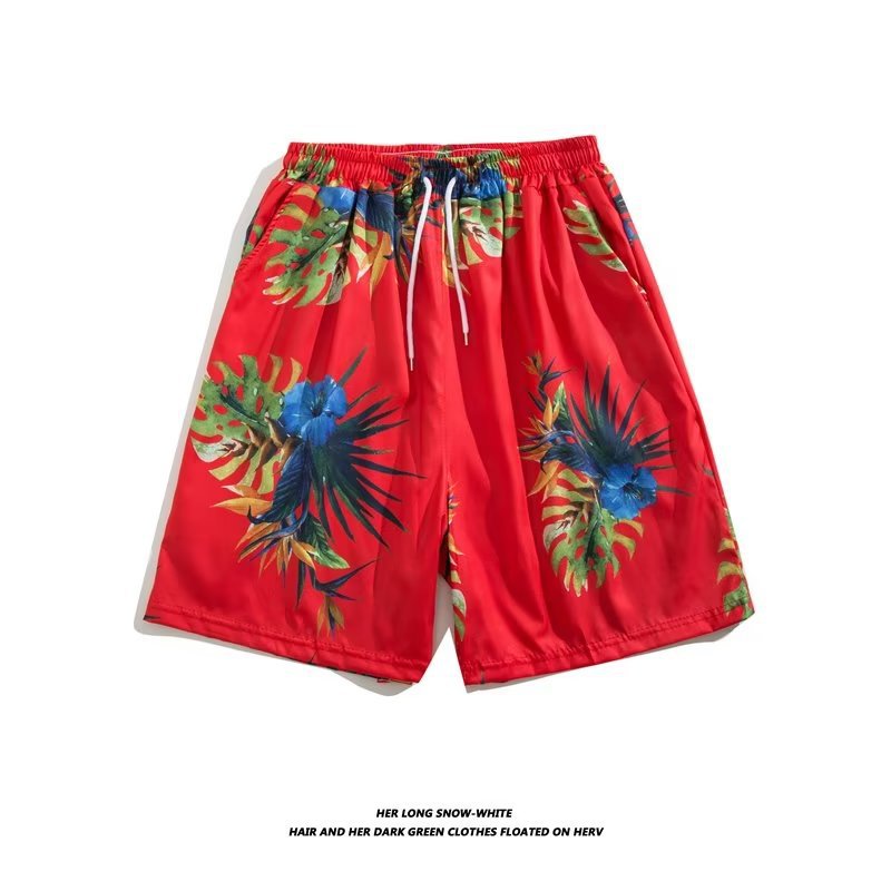 Trendy Hawaiian Beach Shorts for Men, Summer Casual Retro Printed Loose Shorts, Water-Resistant Thin Ice Silk Knee-Length Shorts