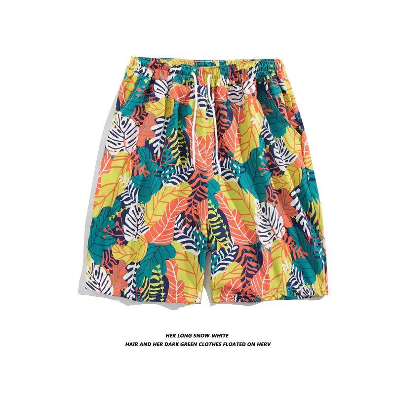 Trendy Hawaiian Beach Shorts for Men, Summer Casual Retro Printed Loose Shorts, Water-Resistant Thin Ice Silk Knee-Length Shorts