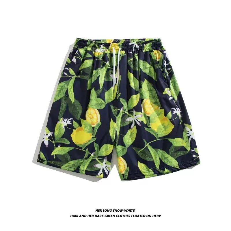 Trendy Hawaiian Beach Shorts for Men, Summer Casual Retro Printed Loose Shorts, Water-Resistant Thin Ice Silk Knee-Length Shorts