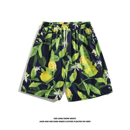 Trendy Hawaiian Beach Shorts for Men, Summer Casual Retro Printed Loose Shorts, Water-Resistant Thin Ice Silk Knee-Length Shorts