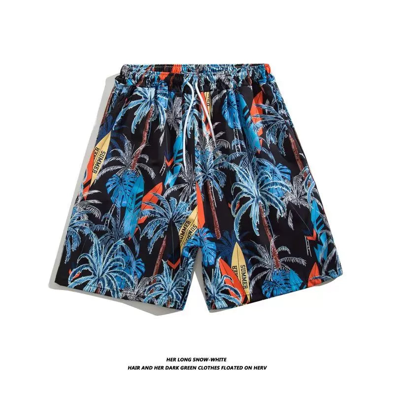Trendy Hawaiian Beach Shorts for Men, Summer Casual Retro Printed Loose Shorts, Water-Resistant Thin Ice Silk Knee-Length Shorts