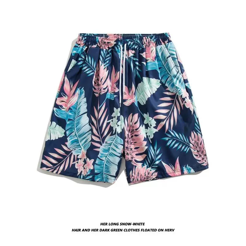 Trendy Hawaiian Beach Shorts for Men, Summer Casual Retro Printed Loose Shorts, Water-Resistant Thin Ice Silk Knee-Length Shorts