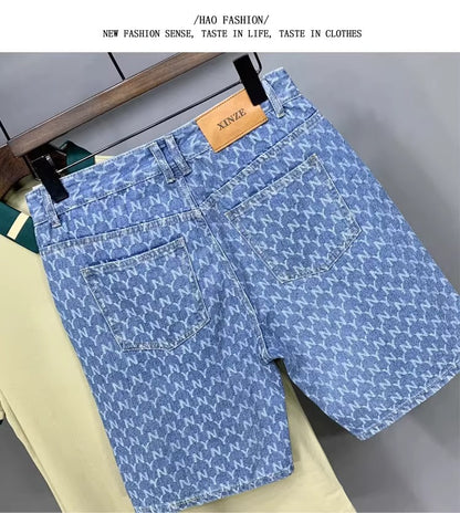 Men's Denim Shorts 2025 New Summer Thin Slim Fit American Style Five-Point Shorts Trendy Printed Pants