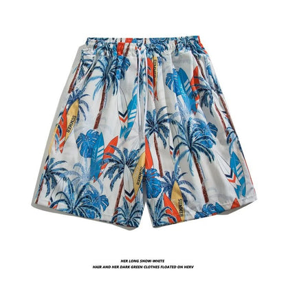 Trendy Hawaiian Beach Shorts for Men, Summer Casual Retro Printed Loose Shorts, Water-Resistant Thin Ice Silk Knee-Length Shorts