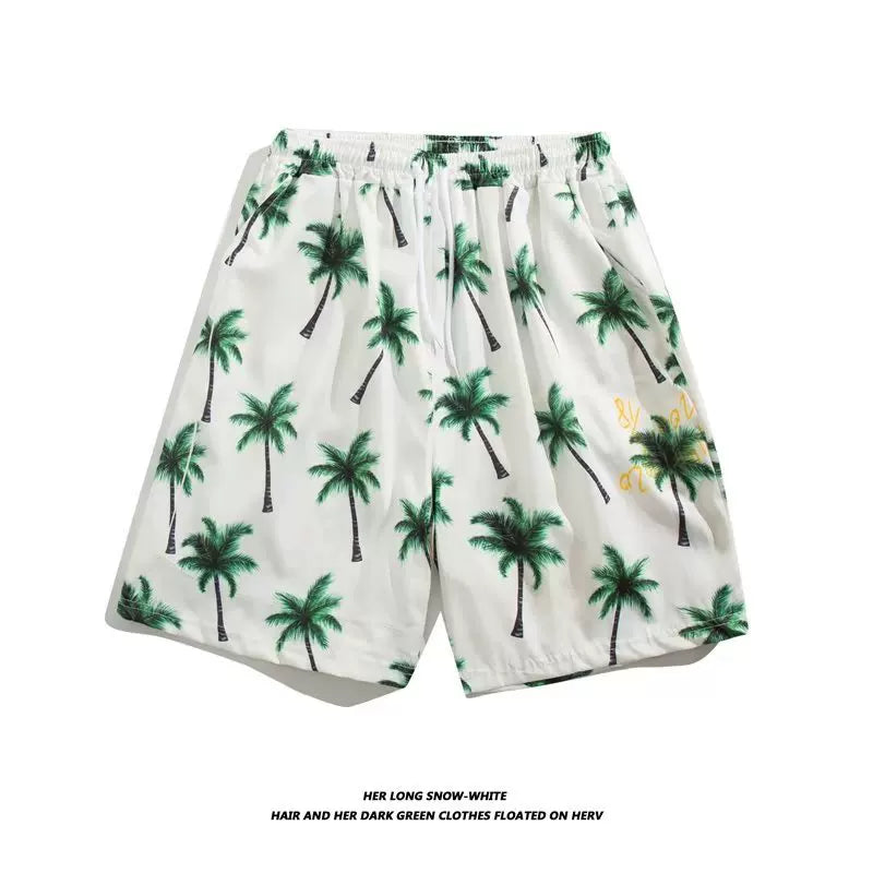 Trendy Hawaiian Beach Shorts for Men, Summer Casual Retro Printed Loose Shorts, Water-Resistant Thin Ice Silk Knee-Length Shorts